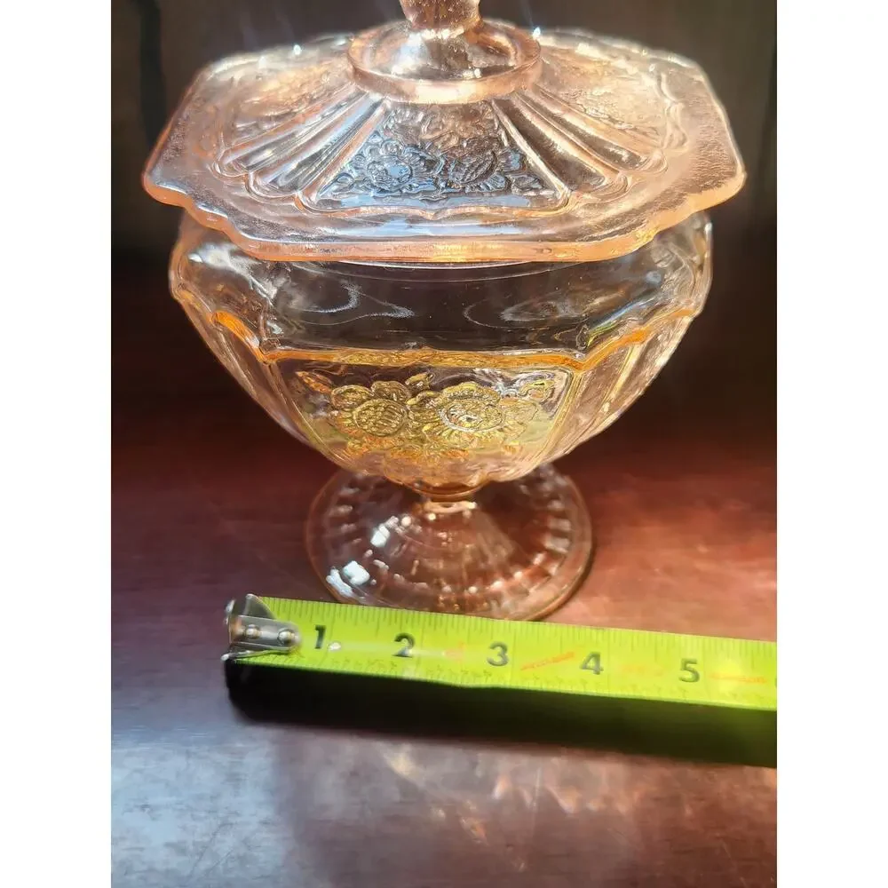 Vintage Pink Depression Glass Footed Covered Candy Dish Floral Medallion Design